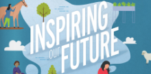 Inspiring Our Future text on a blue background, with animated images of students and teachers around the text